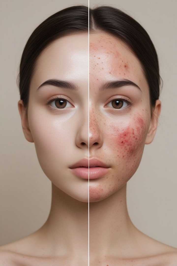 Comparación del rostro de una mujer con piel saludable y con acné, demostrando los efectos del cuidado facial.